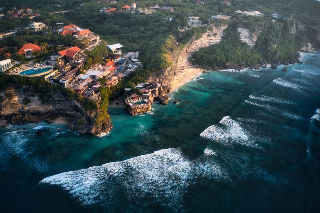 beautiful aerial view of the blue point beach in bali indonesia