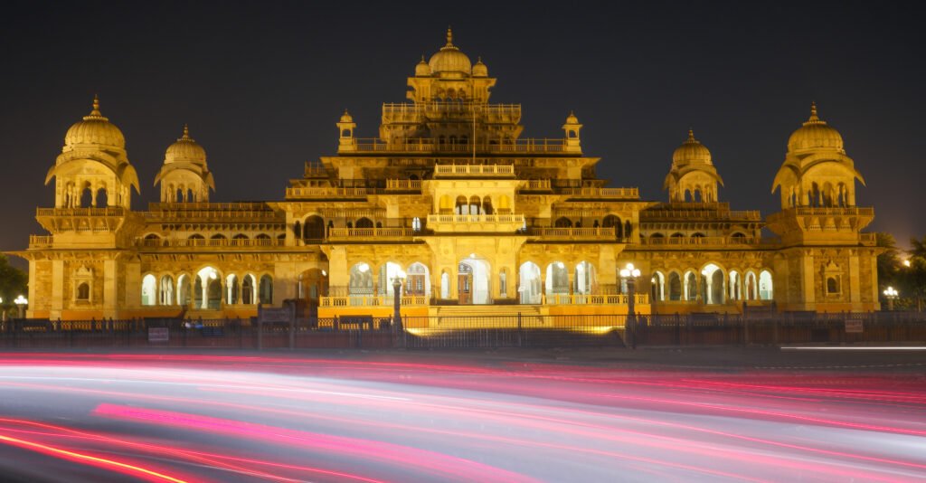 closeup shot of the albert hall museum in jaipur in india at night