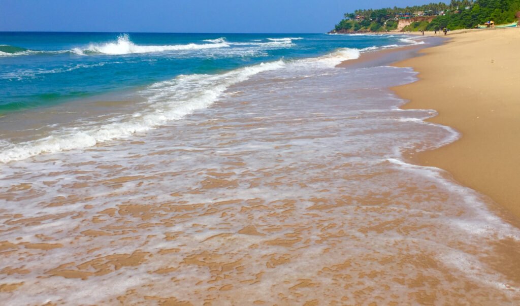 A golden sunset over a Goan beach with palm trees, soft waves, and travellers relaxing along the shoreline, capturing the peaceful and vibrant essence of Goa.