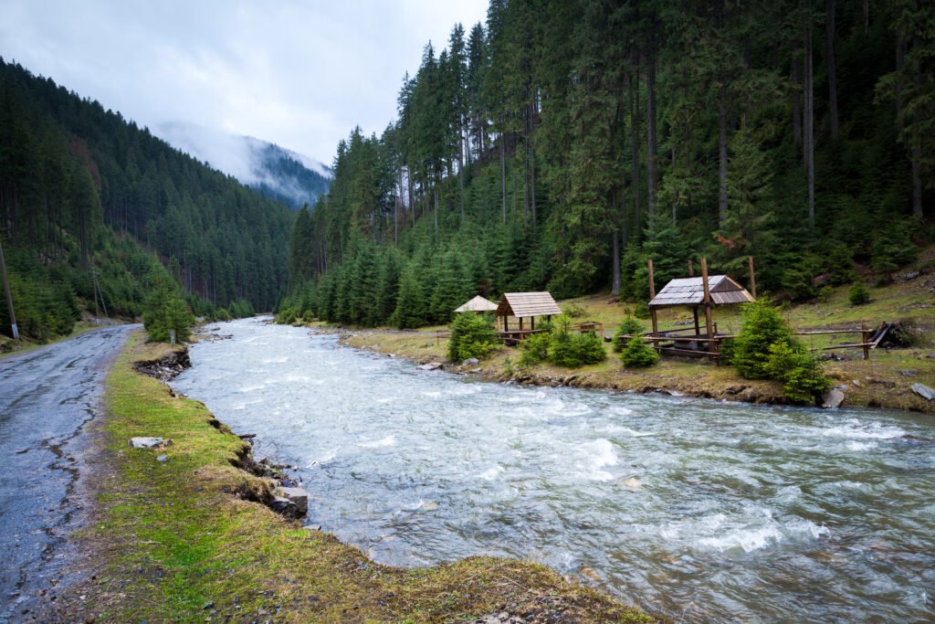 A scenic view of Pahalgam with lush green meadows, pine-covered mountains, and the clear Lidder River flowing through the valley under a bright sky.