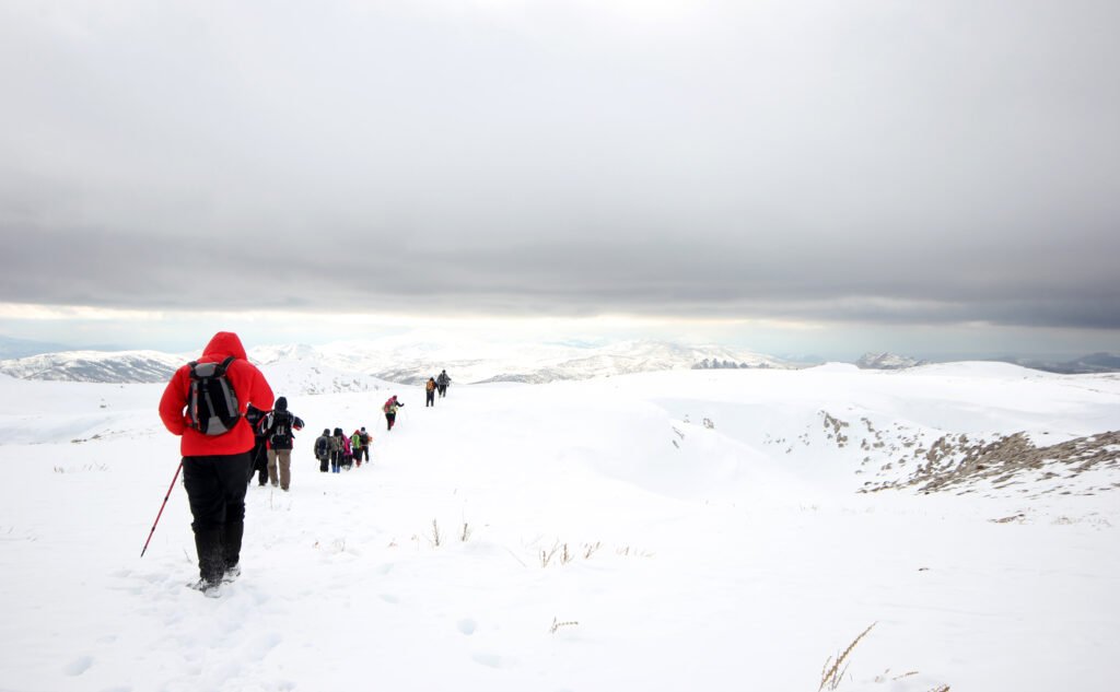 group of mountaineers walking trough the mountains covered with snow.
