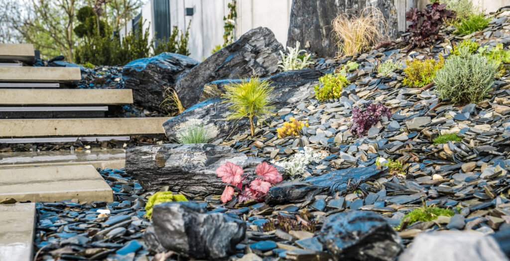 newly established modern backyard rockery garden