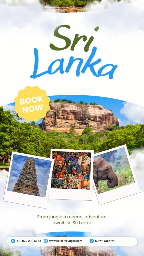 Sri Lanka travel poster featuring Sigiriya Rock, temple architecture, cultural masks, and an elephant with a book now call to action